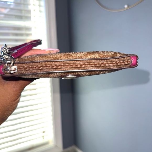 Coach Brown Signature Canvas Wristlet with Plum Trim - Picture 7 of 10